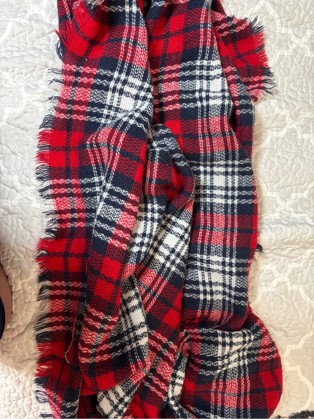 Red & Navy Plaid Fringe Scarf
